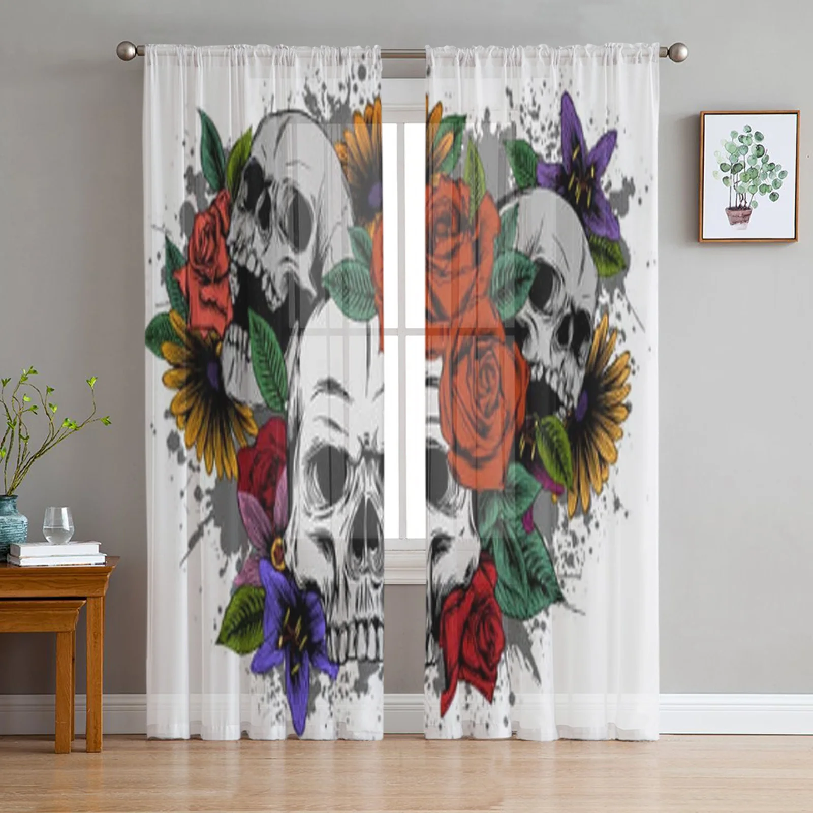 

Занавеска из тюля с рисунком черепа, розы, цветов, растений, украшение для гостиной, спальни, шифоновая прозрачная занавеска для окна кухни