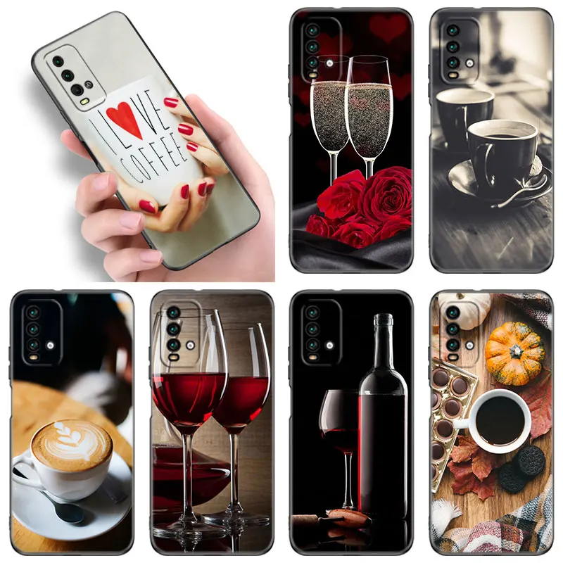 Coffee Wine Cup Phone Case For Xiaomi Redmi K40 K50 Gaming Note 5 6 K20 Pro 7A 8A 9A 9C 9i 9T 10A 10C A1 Plus S2 TPU Black Cover