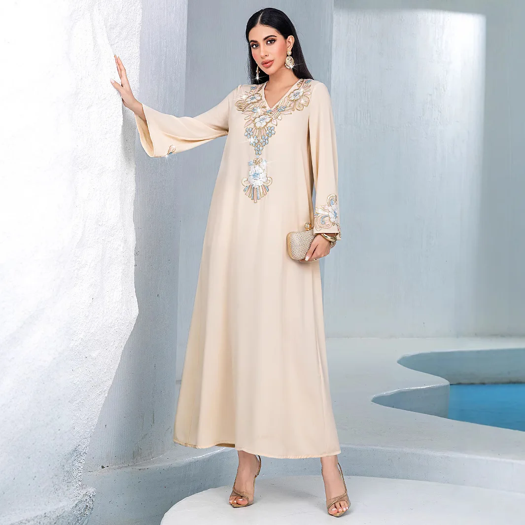 Фото UNI Дубай Вышивка Абая Мусульманское женское праздничное платье Шифоновые платья Марокко Кафтан Исламская одежда 2025 Платье Рамадана Арабский халат №5