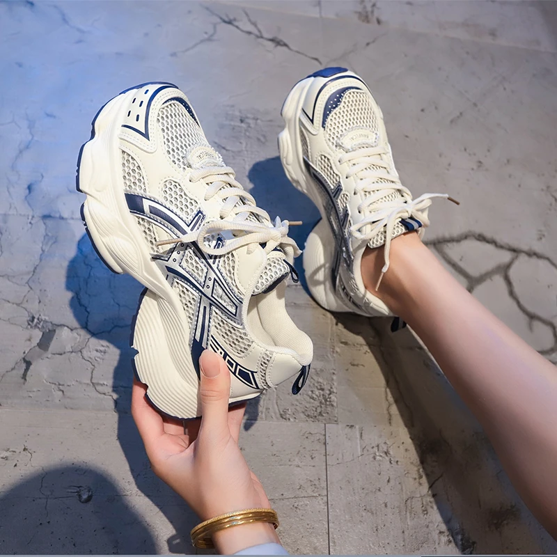 Round Head Mesh Lace-Up Platform Shoes High Quality Casual Vulcanize Shoes Retro Outdoor Breathable Non-Slip Sports Shoes