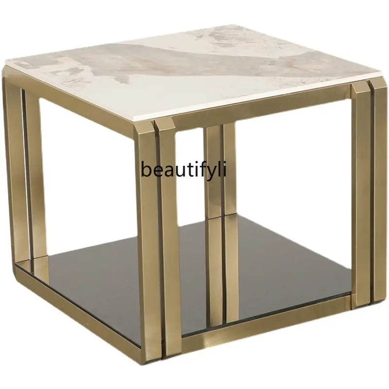 

Итальянский роскошный боковой столик, современный минималистичный креативный угловой столик из нержавеющей стали, мраморный Маленький журнальный столик