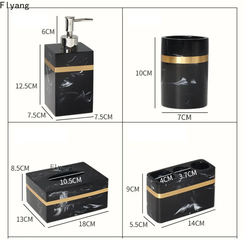 resin bathroom set five piece set tray toothbrush holder tissue box dispenser marble texture golden stroke toiletries organizer free global shipping