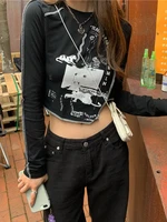 houzhou y2k grunge print black t shirts women korean fashion gray irregular long sleeve tshirts female skinny crop top aesthetic