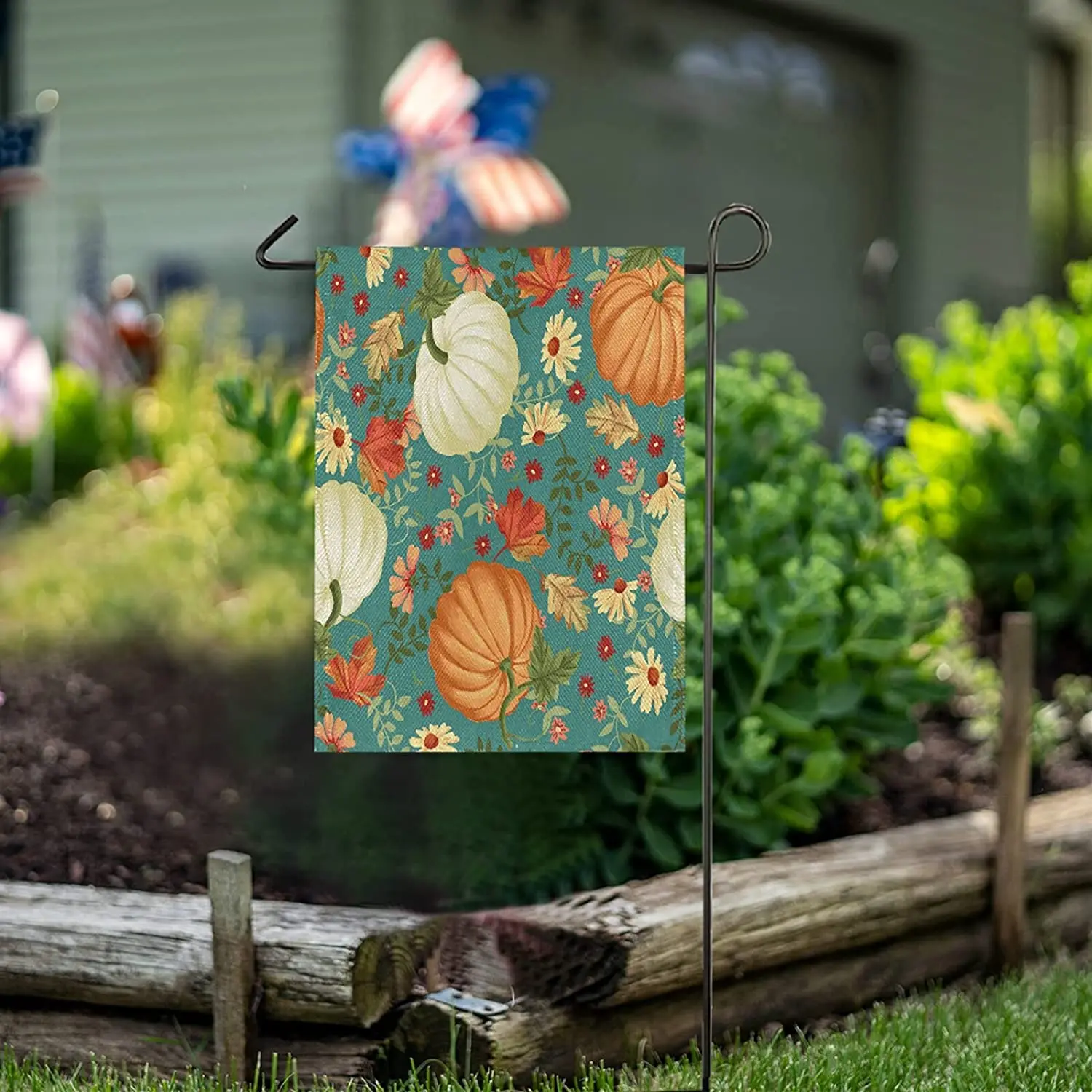 

Fall Pumpkins with Teal Burlap Garden Flag Double Sided,House Yard Flags,Holiday Seasonal Outdoor Decorative Flag Banner for Out