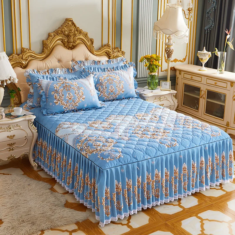 

3pc Set Thicken Quilted Bed Skirts Luxury King Size Lace Non-slip Spread Queen Fitted Sheet with Cover Bedding Bedsheet Spread