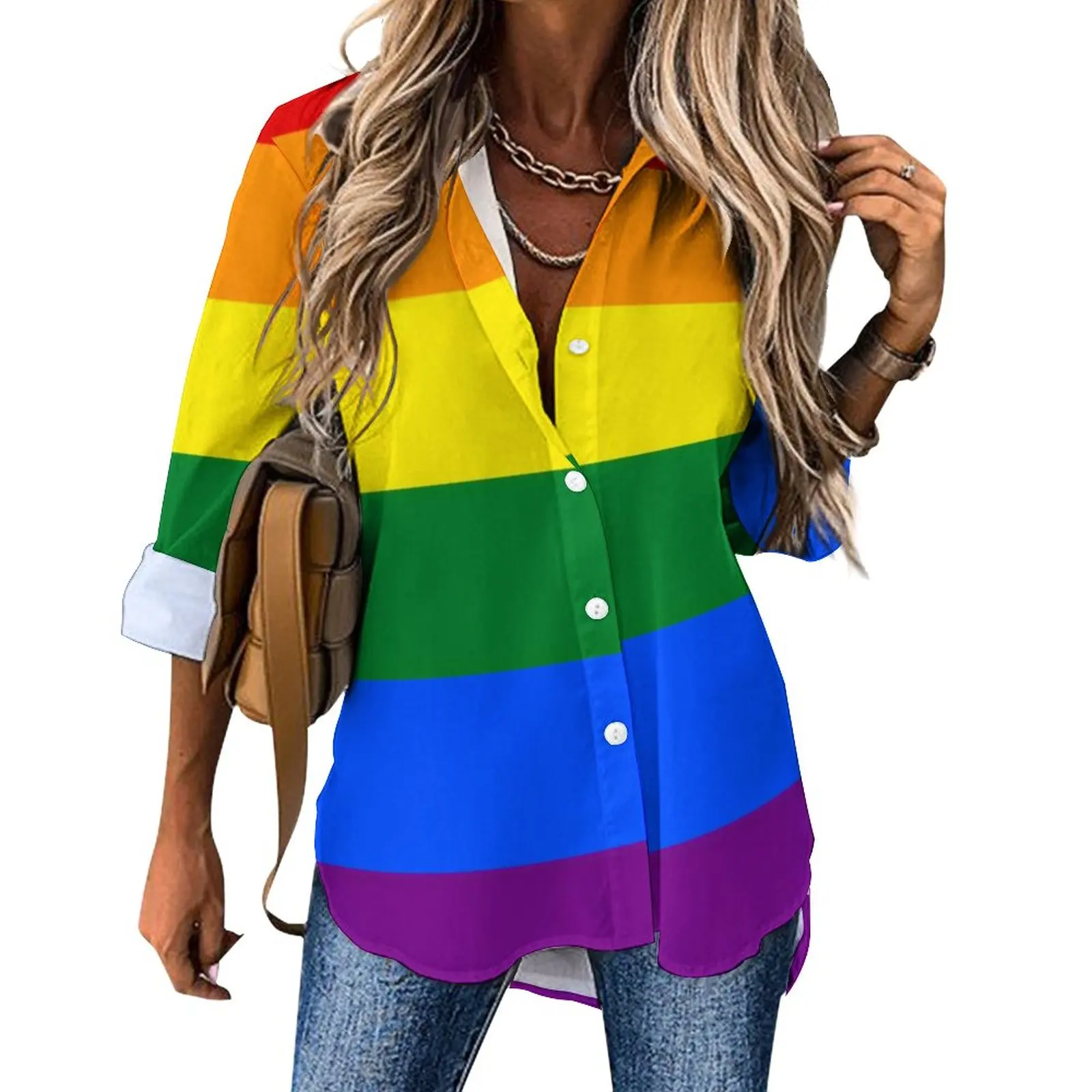 

ЛГБТ Радуга Свободная блузка Гордость Флаг полосатая уличная одежда большие блузки женские винтажные рубашки с длинным рукавом Весенний п...