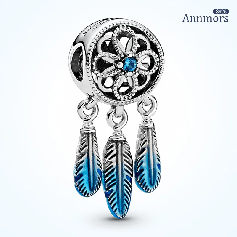 

Blue Dreamcatcher Charm Leaf Feather Long Tassel Fits Pandora Silver Plated Original Bracelets Silver Plated European Pendant