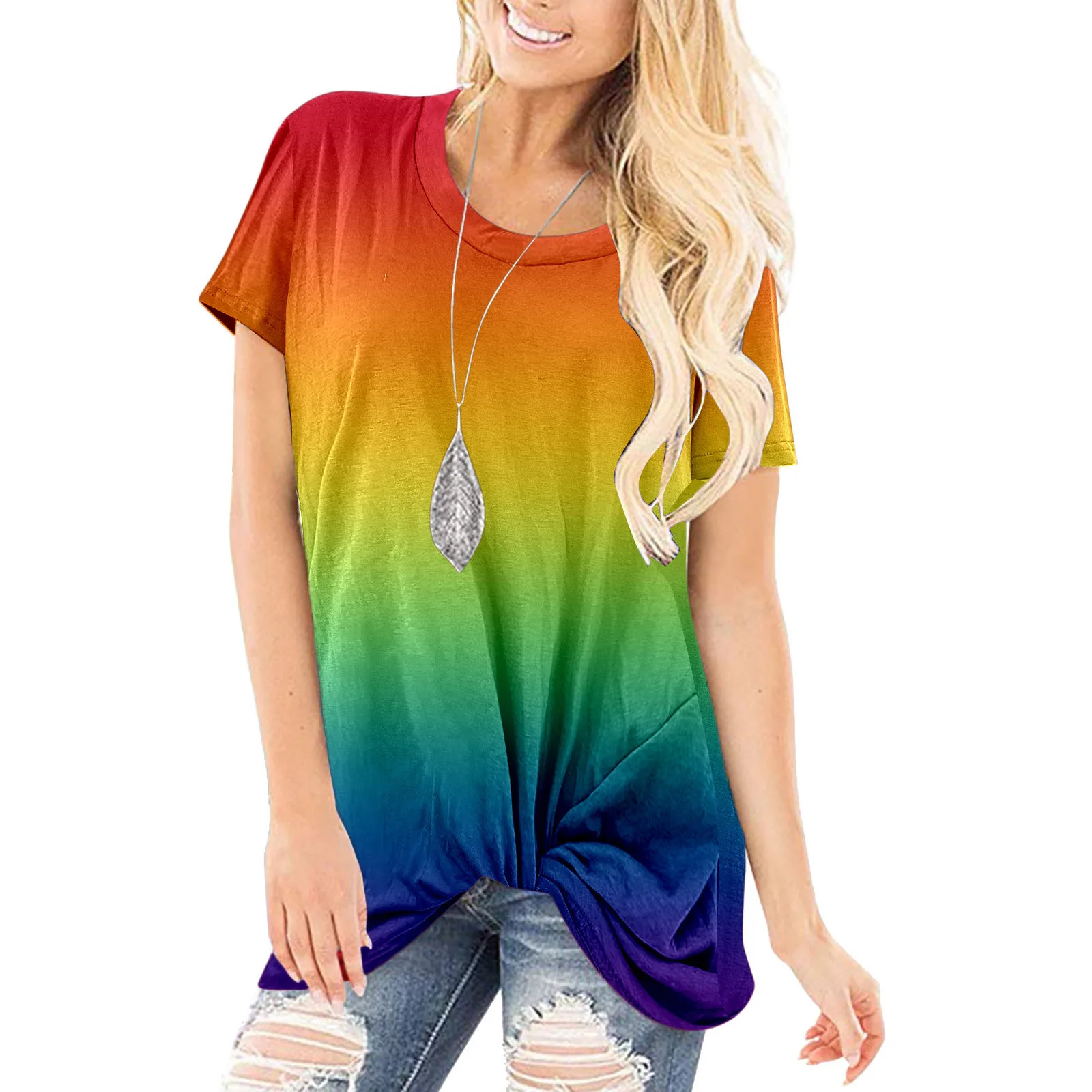 

Women Casual Round Neck Short Sleeve Gradient Print Twist Short Sleeve Long Top Shirt Turtleneck Tee for Women