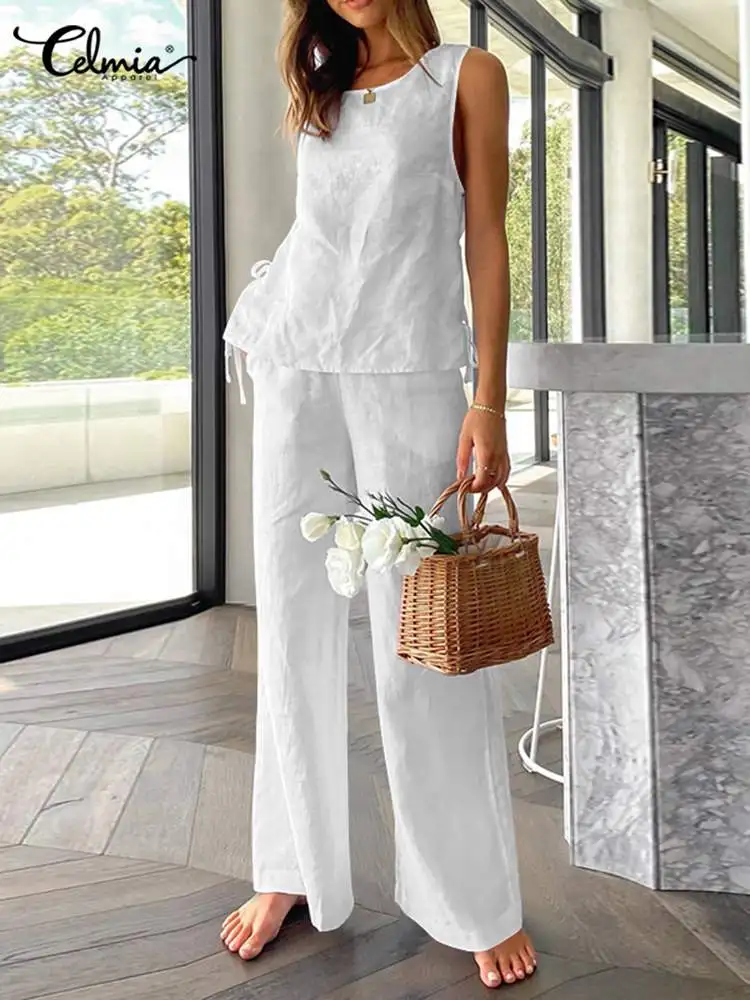 

Celmia Casual Office Matching Sets Fashion Women Bandage Tank Tops and Wide Leg Trouser Suit 2022 Summer 2 PCS Long Pant Sets