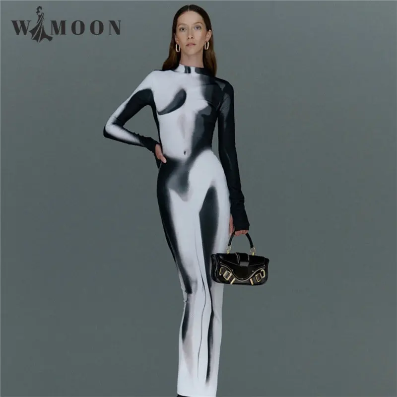 

Y2K Сексуальные Платья-макси с 3D принтом, женское модное облегающее длинное платье с длинным рукавом для вечеринки и клуба, уличная одежда, ве...