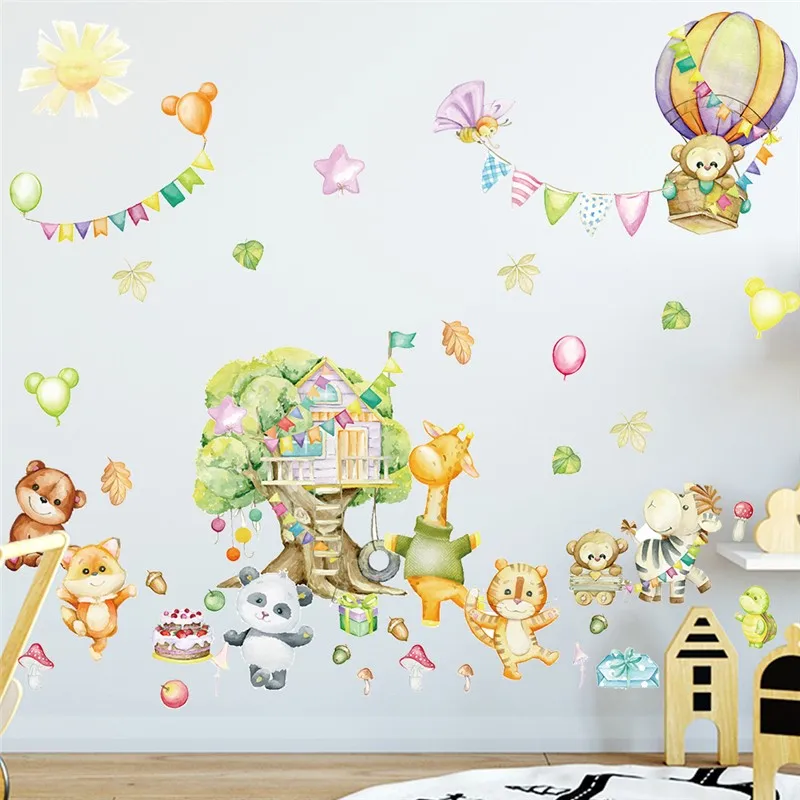 

Cartoon Animals Balloons Party Wall Stickers For Kids Bedroom Home Decoration Tiger Panda Bear Decal Safari Mural Art Pvc Poster