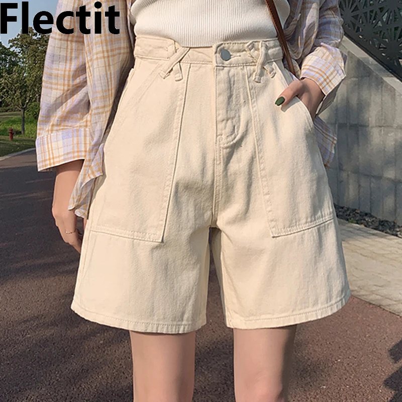 

Женские джинсовые шорты Flectit с высокой талией и накладными карманами, короткие брюки, корейская мода, повседневная одежда