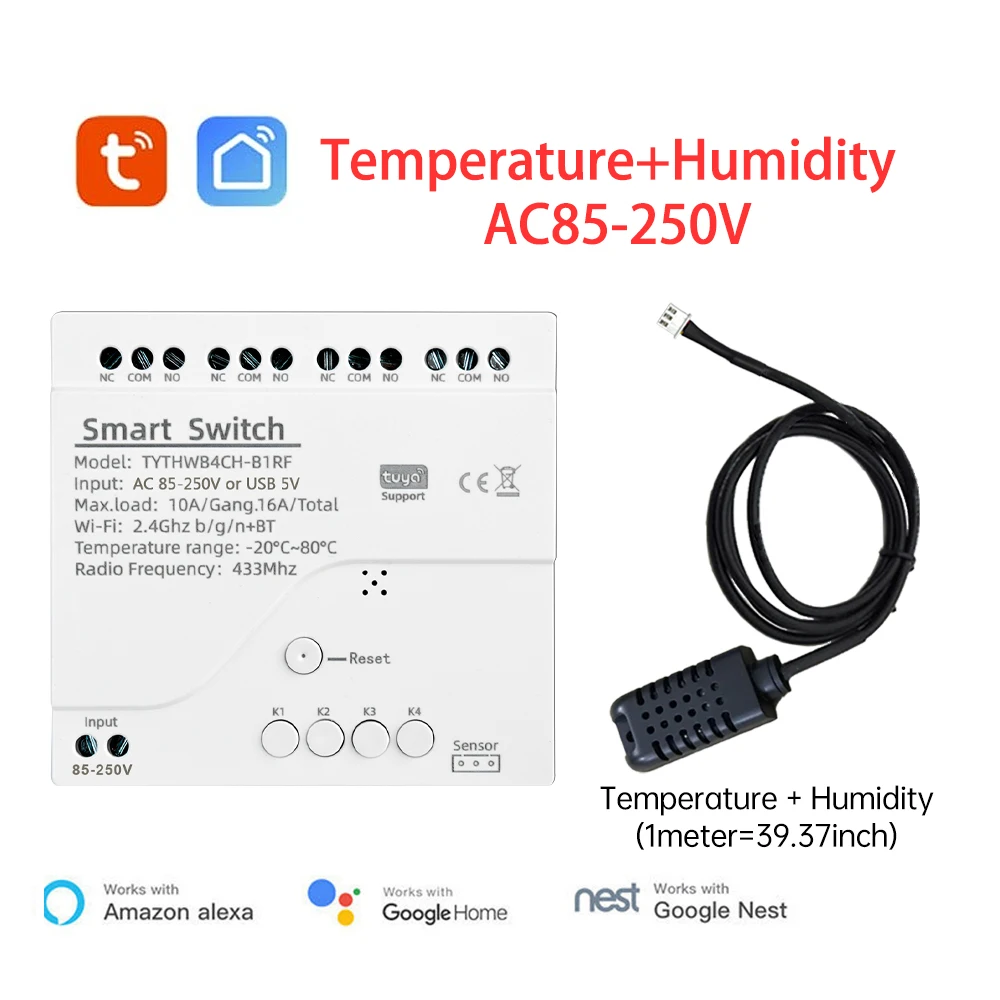 

4-канальный Tuya Wi-Fi умный переключатель температуры с датчиком температуры и влажности интеллектуальный термостат, совместимый с Alexa Google