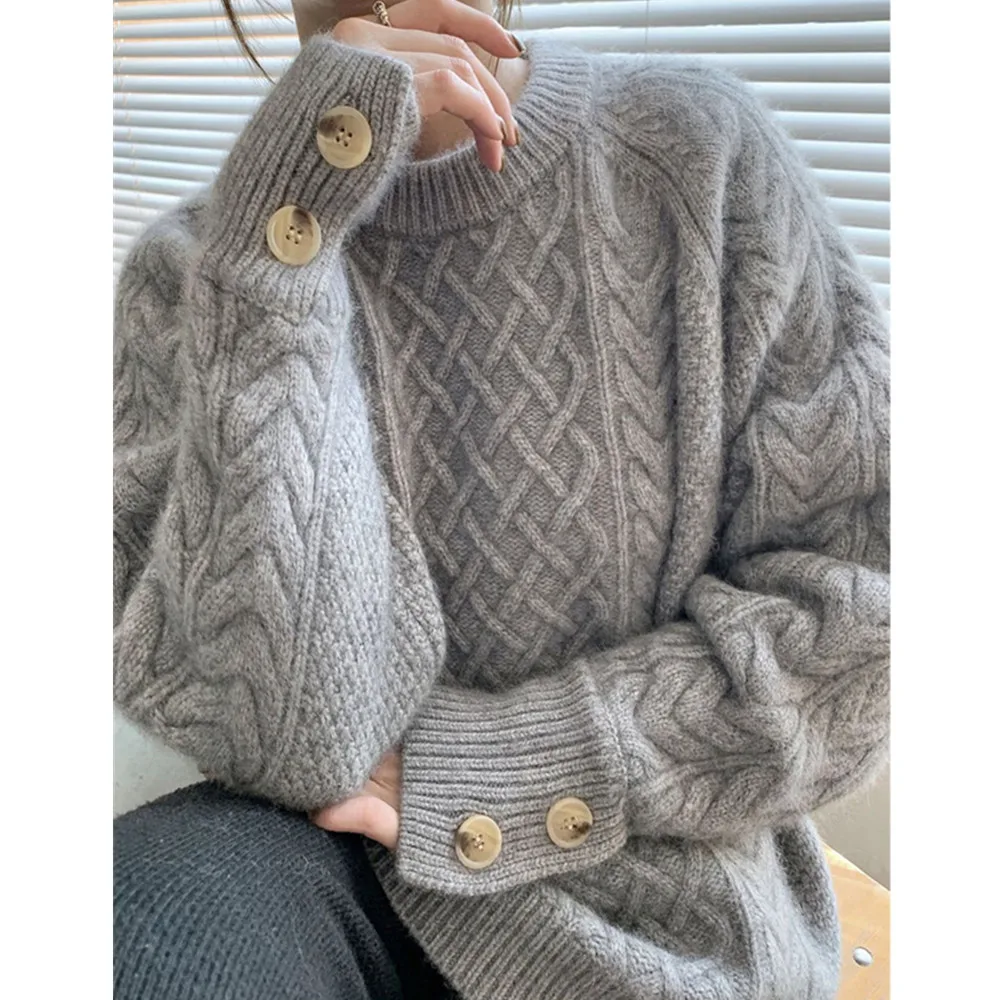 

New Retro Solid Color Oversized Sweater Fashion Grey Loose Knitted Sweater Women Korean Style Casual Simple Pullover