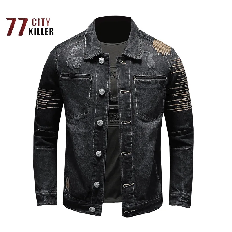 

Men's Motorcycle Biker Denim Jacket Heavy Embroidered Vintage Black Jacket High Quality Fashion Denim Coat Chaquetas Hombre