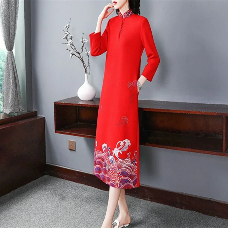 Красное платье-Ципао в китайском стиле с длинным рукавом зимнее теплое флисовое
