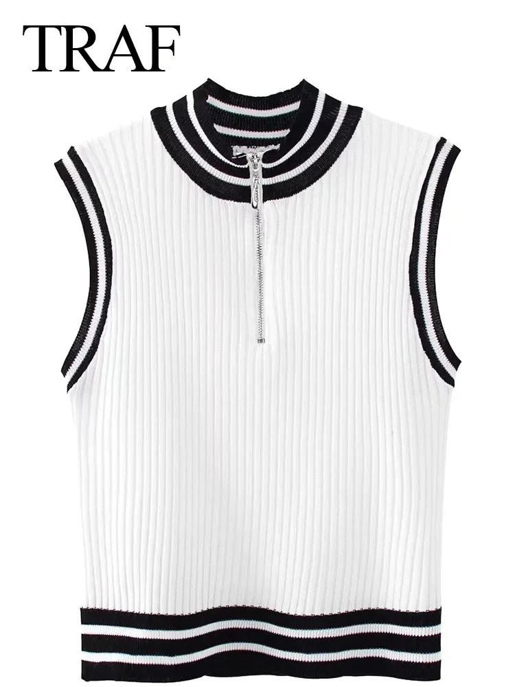 

TRAF 2022 Fashion Sleeveless Ladies White Vest Black Stripes Sports Style Pullover Short Slim Top Kitted knitting Skin-friendly