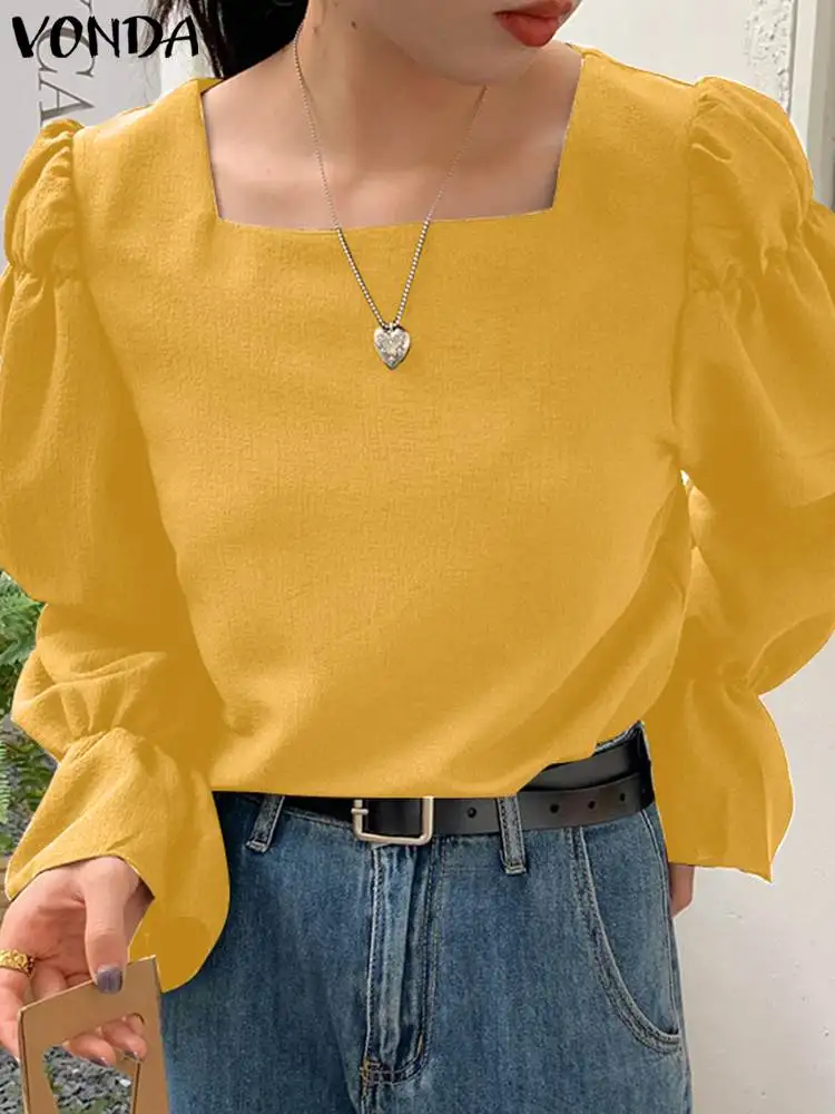 

VONDA Oversize Women Fashion Square Neck Blusa Vintage Flare Sleeve Tops Pleated Chemise Femme Street Solid Long Sleeve Blouses