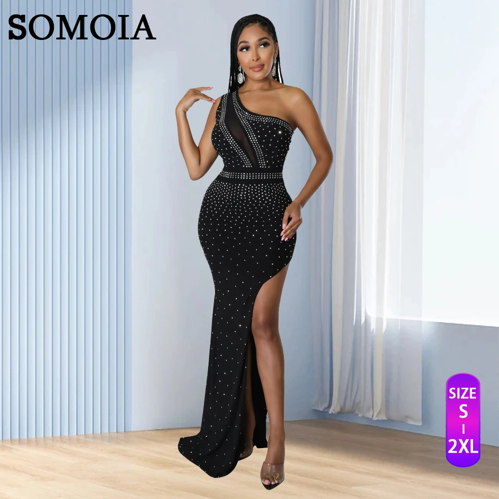 

Женское вечернее платье SOMOIA, однотонное сексуальное платье с косым плечом и высокой талией со стразами, Прямая поставка