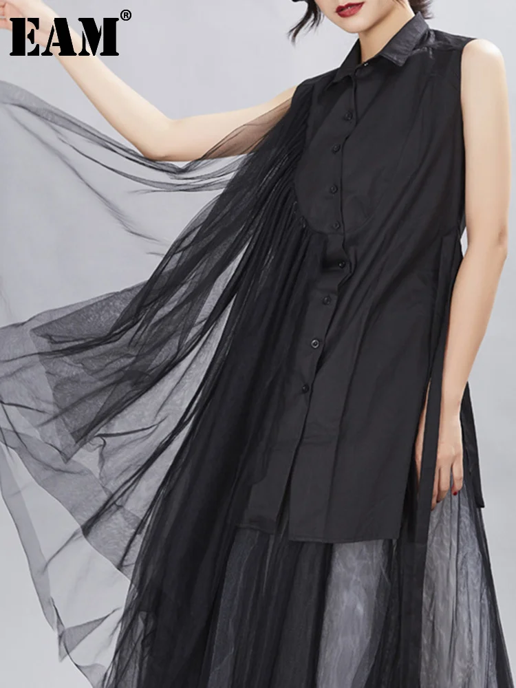 

[EAM] 2022 Женская белая Асимметричная сетчатая Длинная блузка, новая свободная рубашка без рукавов с отворотом, модная весенне-летняя 1DD5131