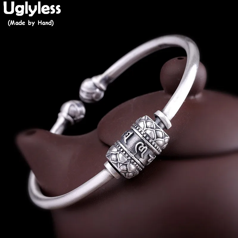 

Uglyless Real 999 Silver Open Bangles for Women Spinning Thai Silver Beads Bangle Six-word Mantra Buddhistic Twist Jewelry BA619