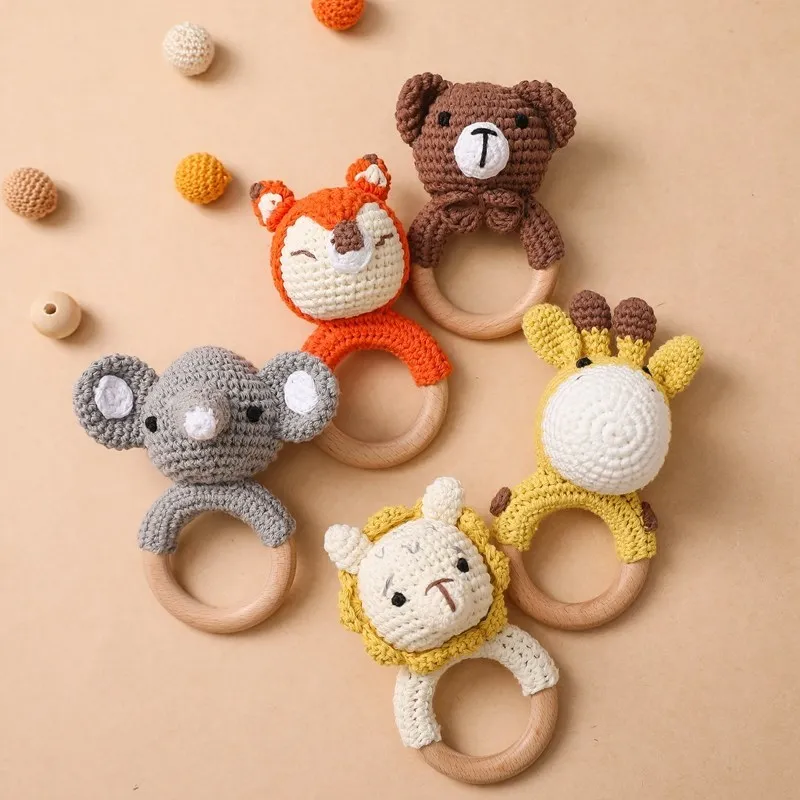 

Wooden Rattle Baby Teether for Kids Teething Rings Animal Crochet Rattle Elephant Wooden Babies Gym Montessori Children's Toys