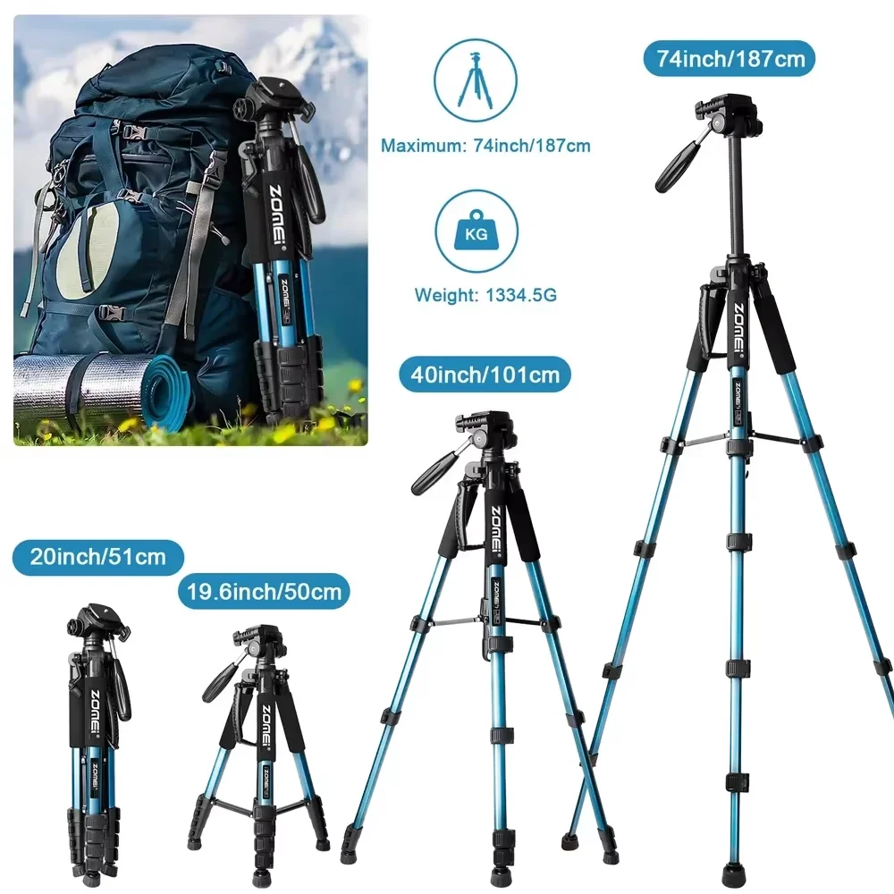 Портативный алюминиевый штатив Zomei 187 см/74 дюйма для камеры Canon Nikon DSLR