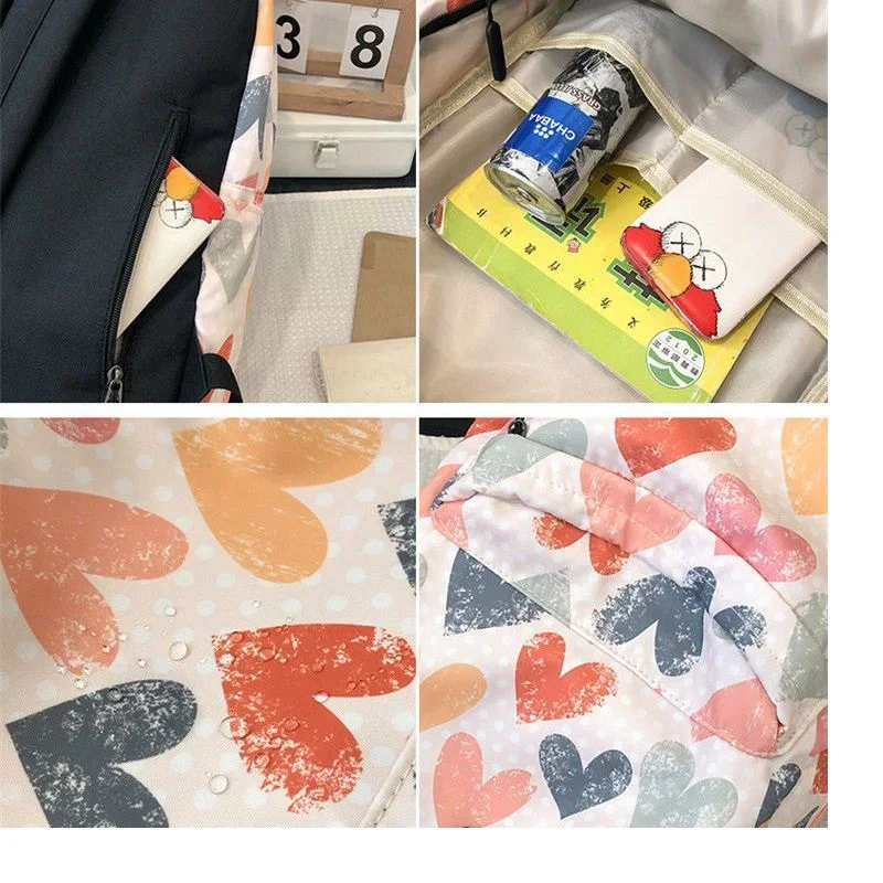 Cute Heart Prints School Bags Women's Colorful Satchel Graffiti Dots Backpack Teen Girls Students Casual Bagpack Schoolbag Daily