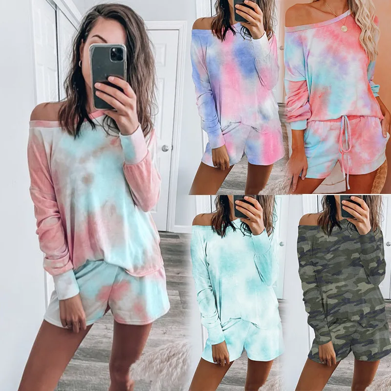 

Ladies Fashion Printed Long Sleeve Tops Casual Loungewear Set 2022 Summer New Woman Sexy O Neck Shorts Tow Pice Sets