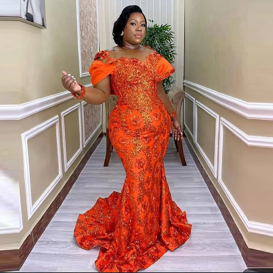 

Aso Ebi Evening Dresses With Illusion Long Sleeves Appliques Sheer Neck Sequins Beads Plus Size Prom Dress For African Women