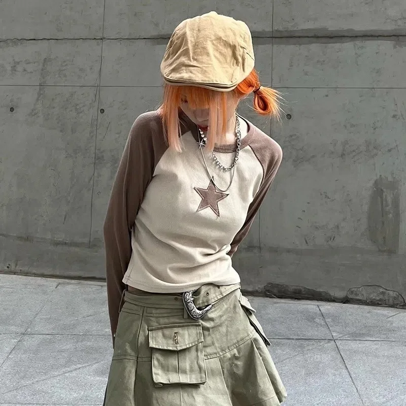 

Academia Vintage Star Print Contrast Patchwork Long Sleeve O-Neck Women Crop Top Autumn Harajuku Cute Streetwear E-girl T-shirt