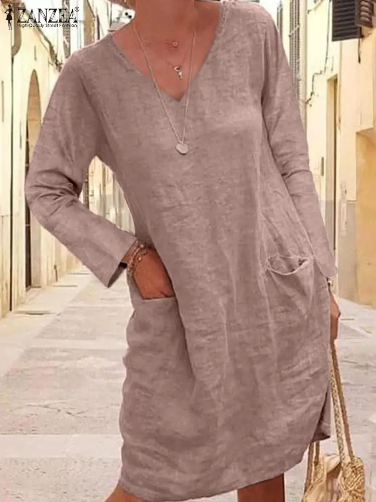 

Women Elegant OL Work Knee-length Dress 2022 ZANZEA Fashion V Neck Long Sleeve Sundress Casual Solid Vestidos Robe Femme Kaftan