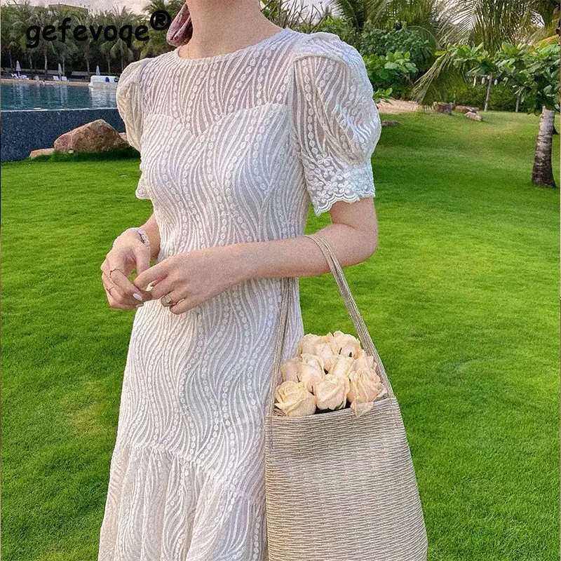 

Ripple Lace Jacquard Elegant Sweet Chic White Long Dresses for Women 2022 Summer Fairy Short Sleeve Slim Maxi Dress Robe Femme