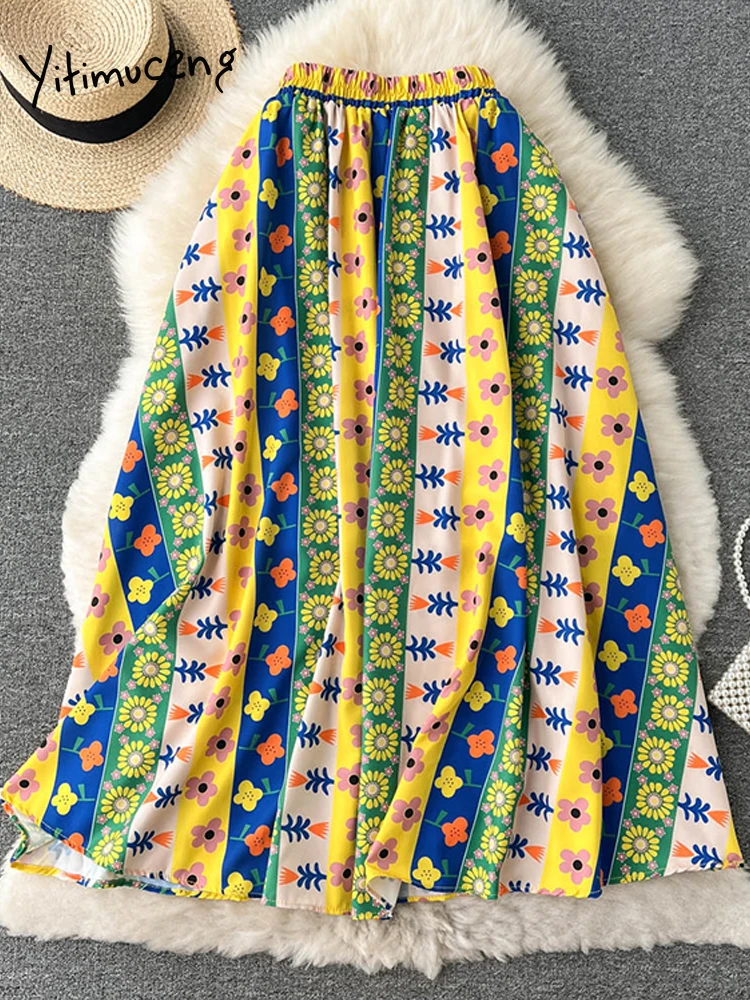 Юбка-миди Женская плиссированная с цветочным принтом модная трапециевидная юбка