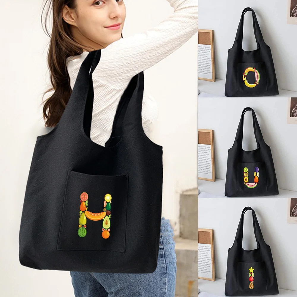

Women Organizer Bag Canvas Tote Bag New Fruit Letter Printed Shoulder Bag Reusable Shopping Bag Casual Supermarket Handbags