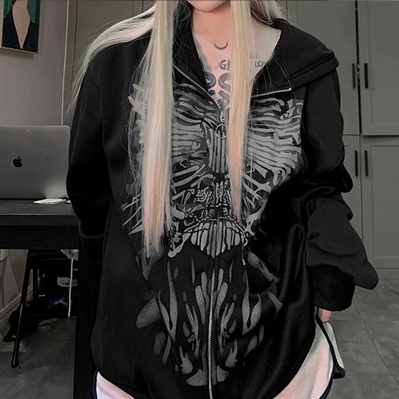 

Gothic Y2k Print Harajuku Grunge Hoodies Vintage Women Autumn Oversize Hoodie Sweatshirt Zip-up Black Hip hop Jacket Streetwear