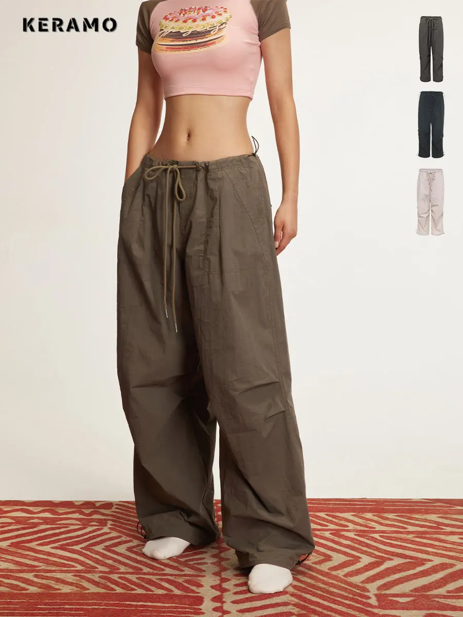 

American Retro 90's Streetwear Casual Overalls Solid Color Loose Wide Leg Pants Women's Oversized Y2k Drawstring Cargo Pants
