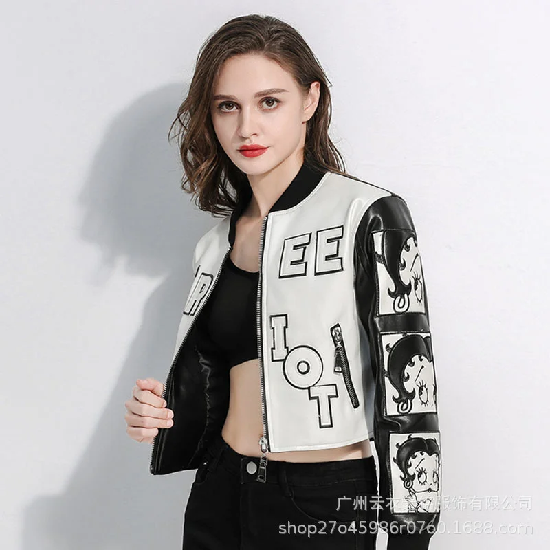 Short Fashionable Leather Jacket In Spring And Autumn Women'S Black And White Fashion Embroidery Locomotive Slim Coat Letter Jac