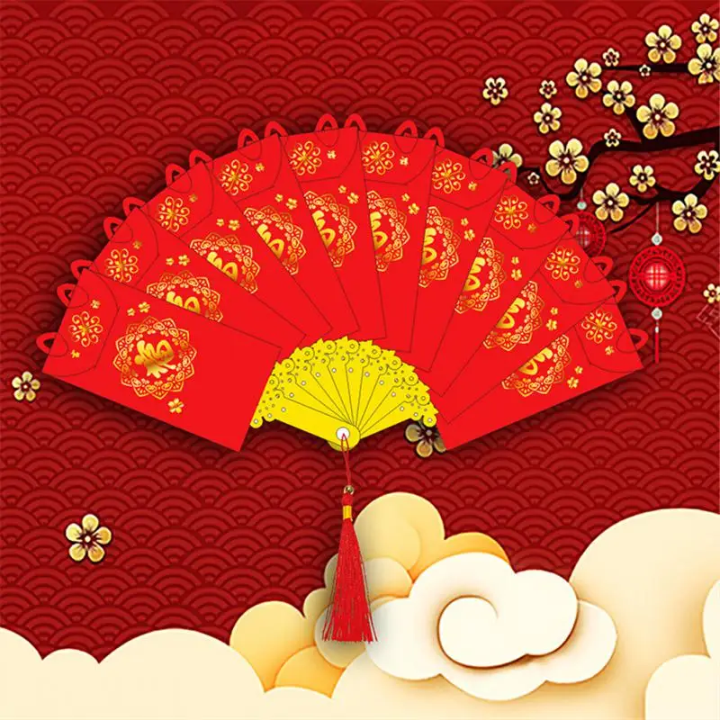 

2023 Creative New Year Red Envelopes Fan Shape Hongbao Chinese Spring Festival Red Pocket Best Wish Lucky Money Pockets Gift Bag