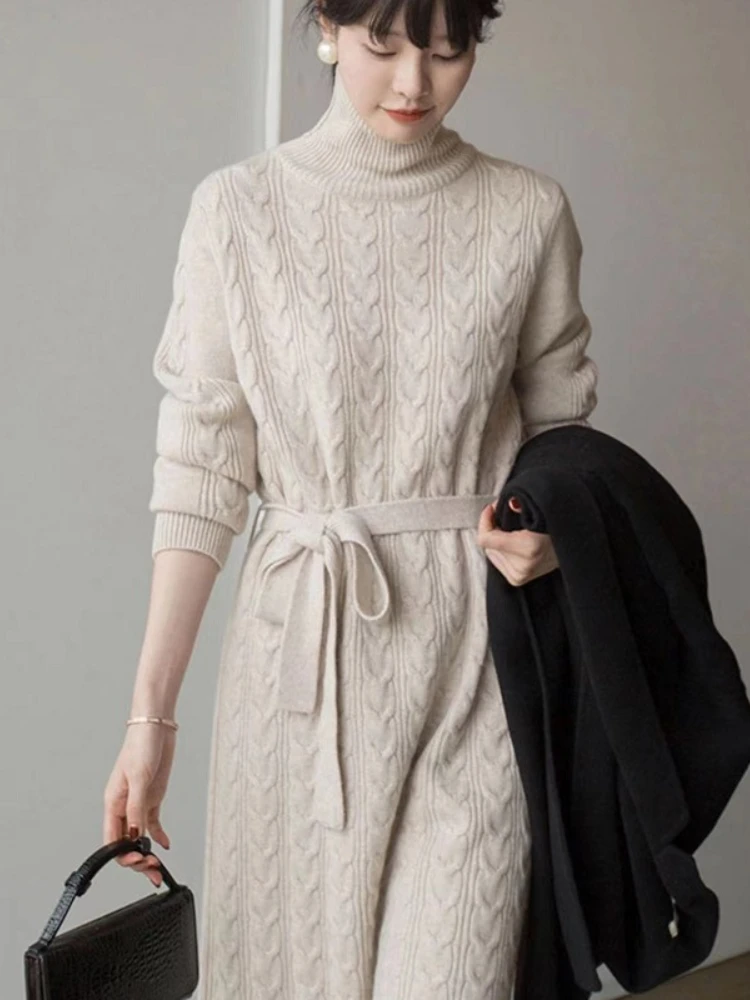 

Women Clothing Fashion Turtleneck Knitted Dress 2022 Autumn Winter New Lace-up Waist Sweater Skirt Korean Clothes Women Dresses