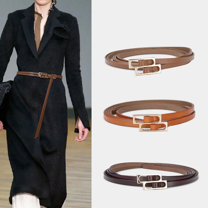New Retro Double Buckle Thin Belts Dress Belts Women Casual Waist Belts Strap Genuine Leather High Quality Female Waistband
