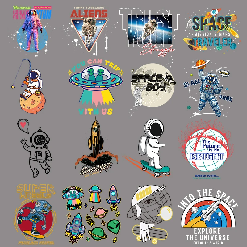 

DIY Iron on Cartoon Space Astronaut Patch Heat Transfer Vinyl Planet Patches Applique Hippie Alien UFO Thermal Sticker