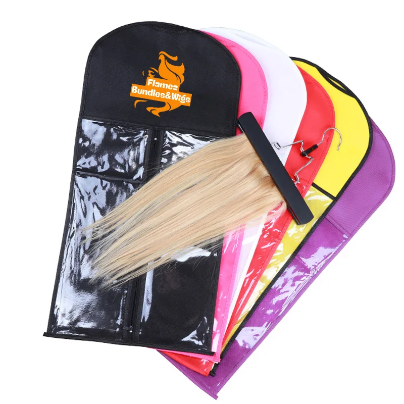 10Sets Non-Woven Dustproof Wig Bag Set Custom Logo Hanging Waterproof Hair Extensions Bags For Hair Storage Wooden Hanger enlarge