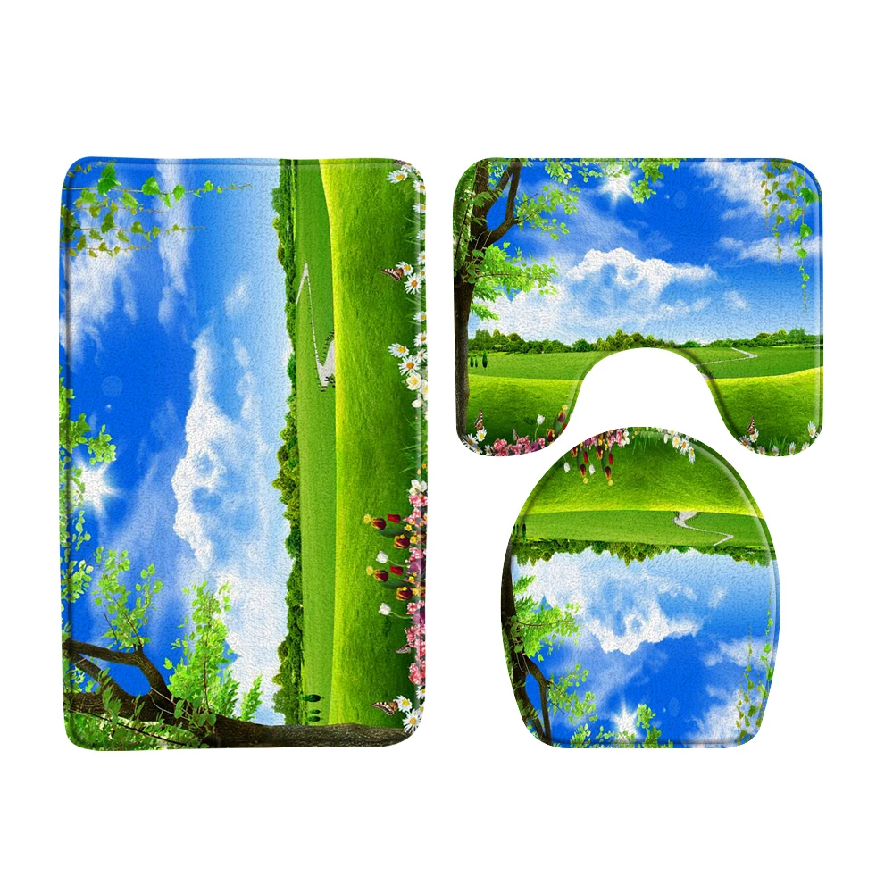 

3 шт./комплект, коврик для ванной с рисунком голубого неба, белых облаков и деревьев