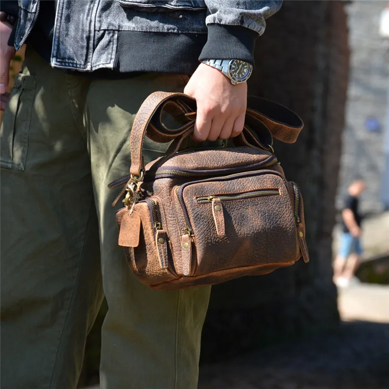 Vinateg crazy horse cowhide men's brown small handbag outdoor casual travel luxury genuine leather multi-pocket shoulder bag