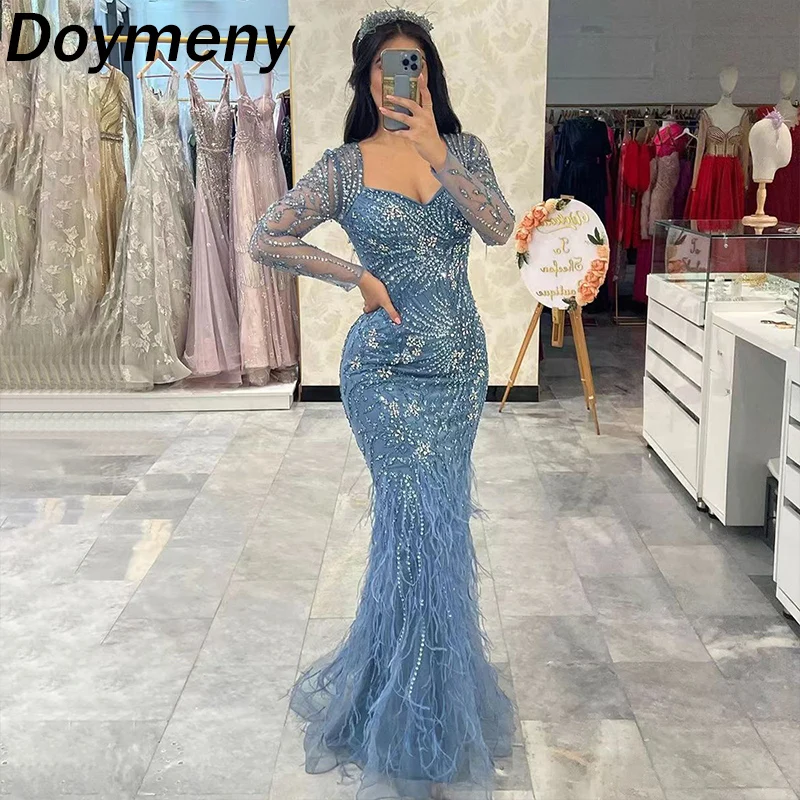 

Женское блестящее платье Дой для выпускного вечера с бисером и перьями, коктейльное платье с квадратным вырезом и юбкой-годе, Формальные Вечерние платья с длинными рукавами