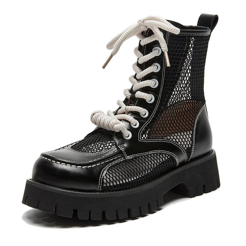 Summer Cool Boots Women's Thick Bottoming Thin Style Breathable 2023 New Small Mesh Gauze Leather Lace-up Fashion Ankle Boots