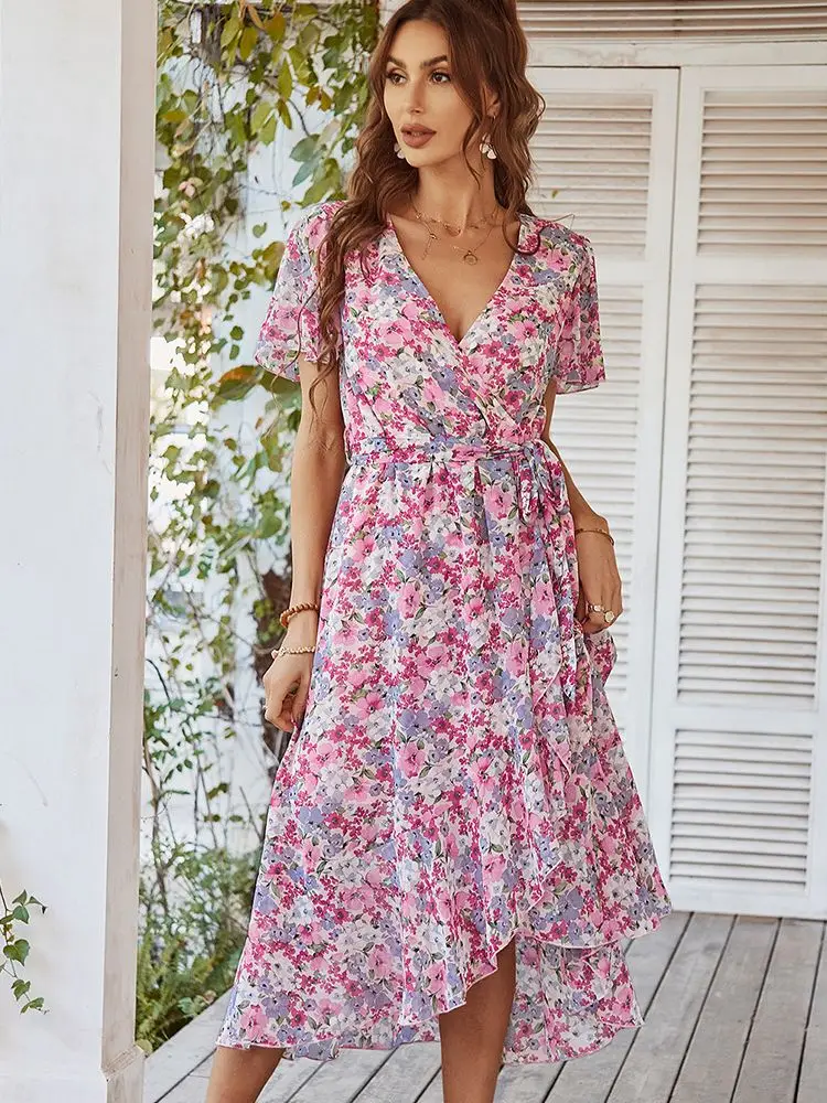 

Ladies Vintage Floral Print Summer Dress Women Casual Ruffles Party Midi Holiday Beach Dress Women Sundress Vestidos Robe Female