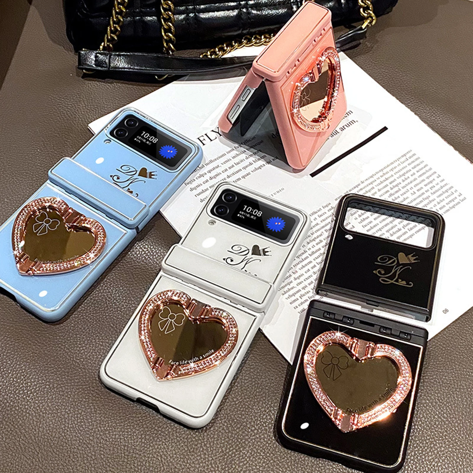 2022 for Samsung Galaxy Z Flip 3 4 5G Cute Love Heart Mirror Case with Holder Kickstand Hard Back Phone Cover for Z Flip 3 Flip4