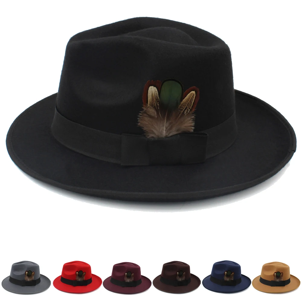 

Men Women Woolen Panama Hats Wide Brim Fedora Caps Trilby Sunhat Feather Band Retro Party Street Style Travel Size US 7 1/4 UK L